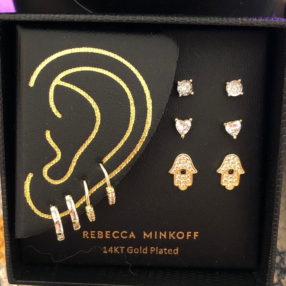 Rebecca Minkoff 14K Gold Plated 5 Pair Earring Set Hoops & Studs Crystal NIB